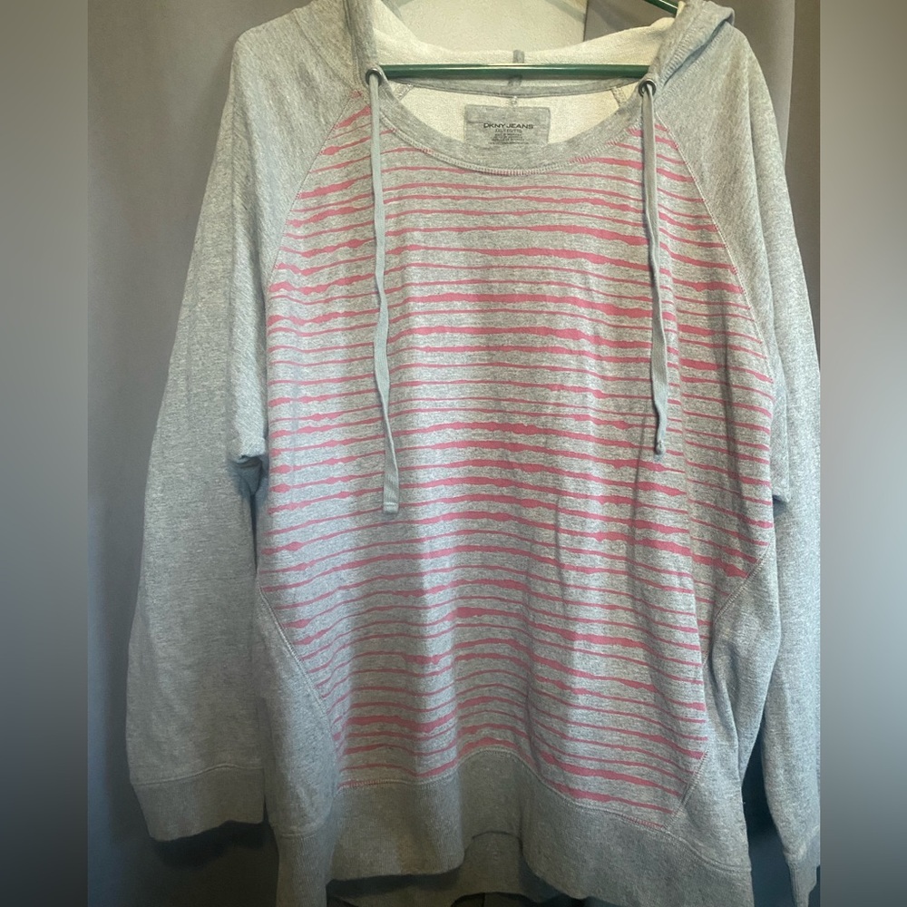 DKNY Gray and Pink Striped Hooded Sweatshirt size XXL